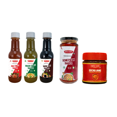 Spice Nest 5 Sauce Combo Pack – Green Chilli, Red Chilli, Dark Soya, Schezwan & Korean Gochujang Chili Paste