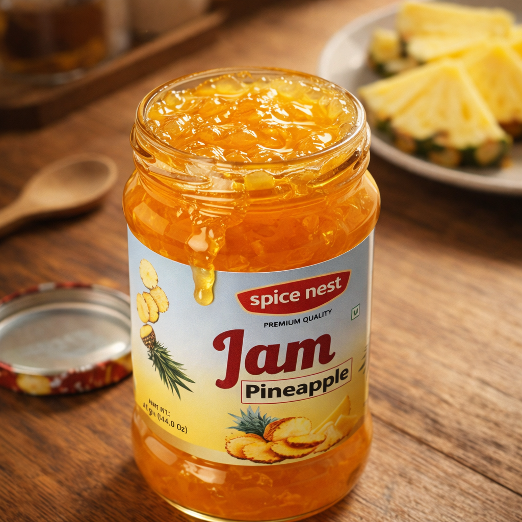 Spice Nest pineapple jam in a jar, showcasing its sweet and tangy flavors for delicious spreads and toppings.