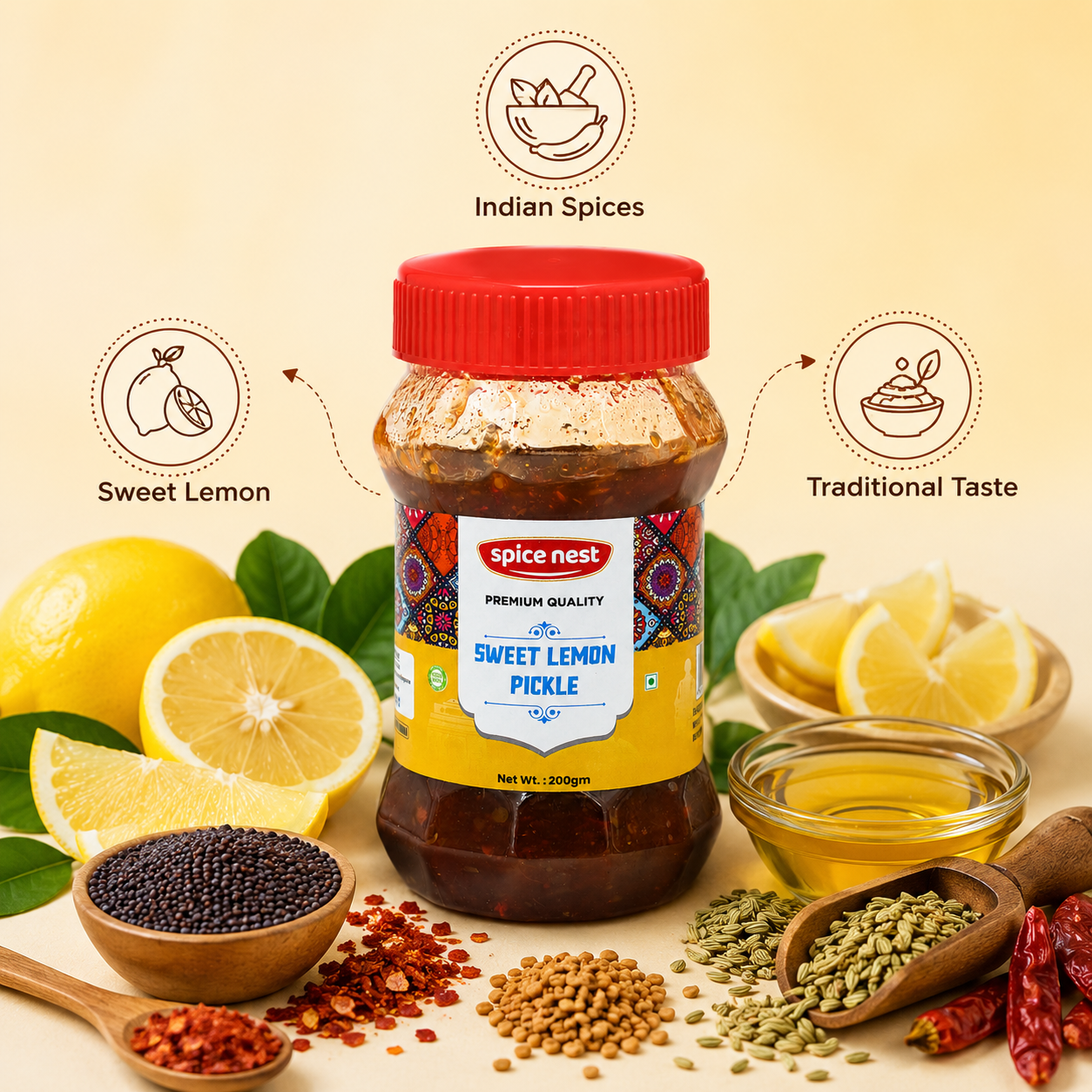 Spice Nest Sweet Lemon Pickle — Authentic Homemade Taste | 200g, 500g,