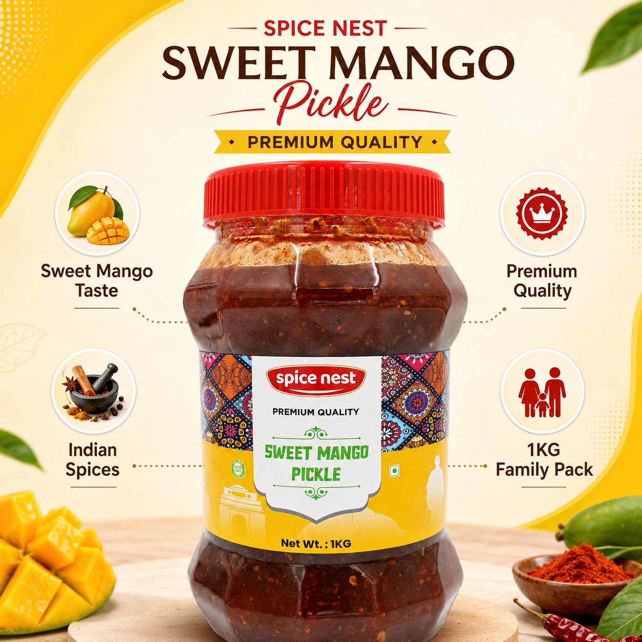 Spice Nest Sweet Mango Pickle – Homemade Style, Authentic Indian Taste (200g, 500g, 1kg)